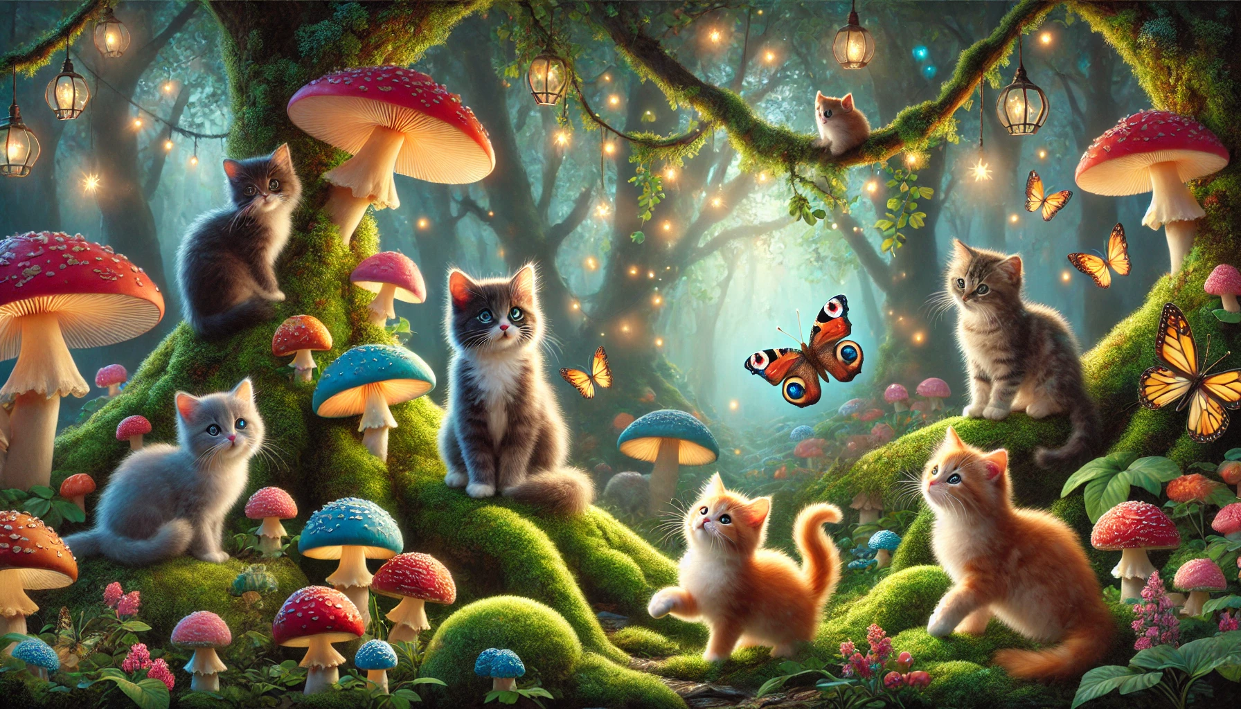 Kittens in a deep forest at night surrounded my moss, mushrooms, and fairy lights